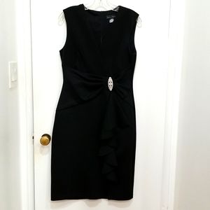 Jessica Howard Black Evening Dress Ruching At Waist Rhinestone Brooch